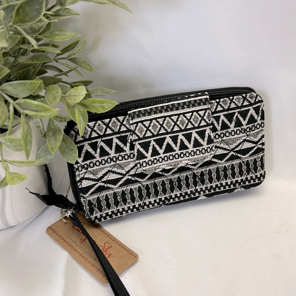 NWT-Canyon Sky, Southwest Woven Tapestry Zip Around B & W Wristlet Wallet,